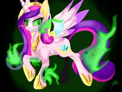Size: 680x512 | Tagged: artist:galladexd, changeling, changeling queen, derpibooru import, disguise, disguised changeling, fake cadance, fangs, female, grin, princess cadance, queen chrysalis, safe, solo