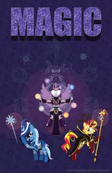 Size: 3300x5100 | Tagged: safe, artist:peichenphilip, derpibooru import, sunset shimmer, trixie, twilight sparkle, twilight sparkle (alicorn), alicorn, pony, unicorn, clothes, counterparts, dress, elements of harmony, glowing eyes, magical trio, staff, twilight's counterparts, wand