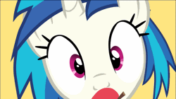 Size: 1069x600 | Tagged: safe, artist:ldear, derpibooru import, vinyl scratch, pony, unicorn, animated, apple, apple gag, eyes, female, food, gag, looking at you, mare, pfhapfb, pink fluffy handcuffs are perfect for bondage, reaction image, solo