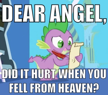 Size: 436x386 | Tagged: safe, derpibooru import, edit, edited screencap, screencap, angel bunny, spike, demon, dragon, friendship is magic, angelic bunny, angelspike, caption, gay, heaven, image macro, letter, male, meme, pun, quill, shipping, solo, spike's love letters, subverted meme, tongue out
