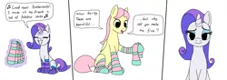 Size: 1933x683 | Tagged: suggestive, artist:mspaint, derpibooru import, fluttershy, rarity, pegasus, pony, unicorn, /mlp/, all the mares tease butterscotch, bedroom eyes, butterscotch, clothes, cocksock, comic, eyes closed, fifth leg, fluffy, grin, innuendo, levitation, magic, open mouth, present, rariscotch, rule 63, sexual harassment, sexually oblivious, sitting, smiling, socks, striped socks, telekinesis
