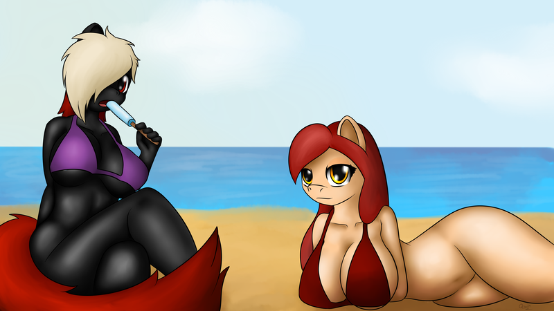 Size: 3840x2160 | Tagged: anthro, artist:quin, beach, big breasts, bikini, bottomless, breasts, clothes, derpibooru import, female, mother and daughter, oc, ocean, oc:mellow peach, oc:quin, questionable, summer, swimsuit, unofficial characters only