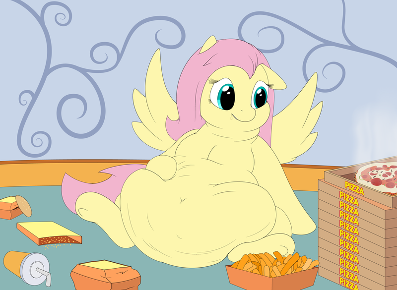 Size: 2600x1900 | Tagged: safe, artist:jesseorange, artist:watertimdragon, derpibooru import, fluttershy, pony, belly, belly button, big belly, drool, fat, fattershy, kitchen eyes, obese, solo, stuffed