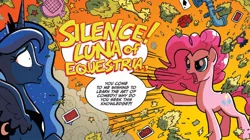 Size: 1150x642 | Tagged: safe, artist:tonyfleecs, derpibooru import, idw, boneless, pinkie pie, princess luna, alicorn, earth pony, pony, friends forever, spoiler:comic, spoiler:comicff7, cropped, female, frown, mare, official comic, open mouth, pointing, role reversal, shocked, spread wings, traditional royal canterlot voice, wide eyes, yelling