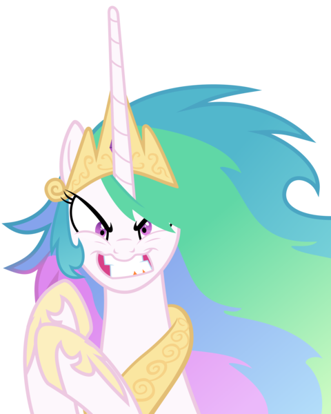Size: 4800x6000 | Tagged: safe, artist:magister39, derpibooru import, princess celestia, pony, absurd resolution, angry, evil grin, female, gritted teeth, looking at you, mare, messy mane, simple background, snaplestia, solo, transparent background, vector