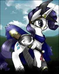 Size: 1077x1340 | Tagged: safe, artist:gravekeeper, artist:unitoone, derpibooru import, rarity, pony, unicorn, fanfic:the ballad of twilight sparkle, colored, fanfic art, female, halberd, mare, shield, solo, sword, warity, weapon