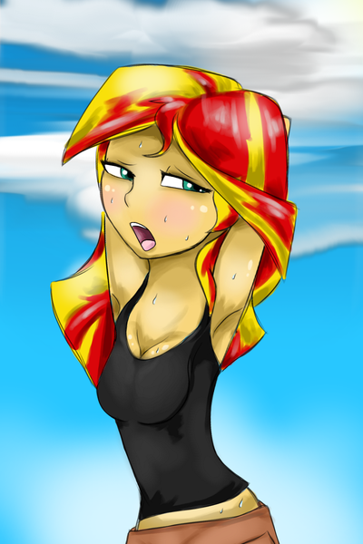 Size: 800x1200 | Tagged: artist needed, questionable, derpibooru import, sunset shimmer, equestria girls, armpits, blushing, breasts, cleavage, humanized, shiny, solo, sweat