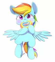 Size: 486x550 | Tagged: safe, artist:sion, derpibooru import, rainbow dash, :t, blushing, cute, dashabetes, donut, eating, feeding dash, happy, looking at you, puffy cheeks, simple background, smiling, solo, spread wings, tubby wubby pony waifu