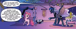 Size: 1600x605 | Tagged: safe, artist:tonyfleecs, derpibooru import, idw, pinkie pie, princess luna, tiberius, alicorn, earth pony, pony, spoiler:comic, spoiler:comicff7, angry, cropped, duo, ethereal mane, female, frown, glare, mare, official comic, open mouth, pointing, sad, spread wings, starry mane