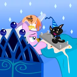 Size: 1635x1635 | Tagged: artist:magerblutooth, bed, breakfast in bed, breakfast is ruined, cat, croissant, derpibooru import, diamond tiara, egg, hat, milk, missing accessory, oc, oc:dazzle, pancakes, party hat, safe