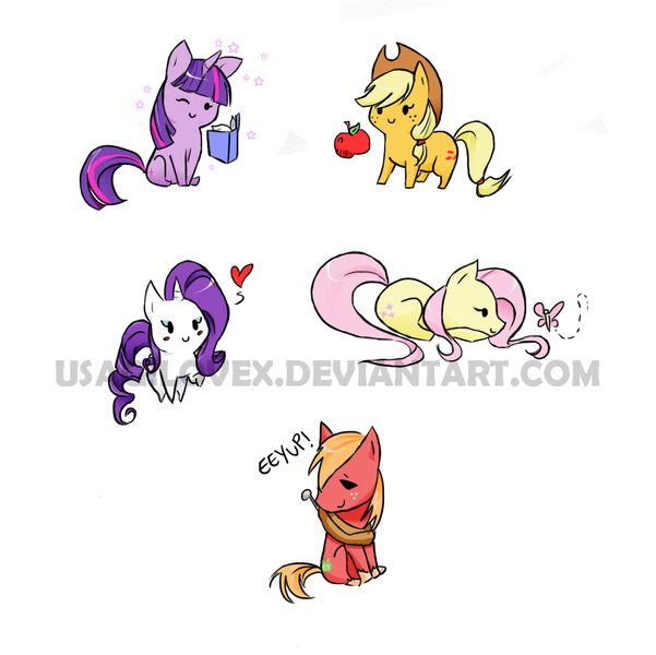 Size: 1178x1176 | Tagged: safe, artist:usagilovex, derpibooru import, applejack, big macintosh, fluttershy, rarity, twilight sparkle, butterfly, earth pony, pony, apple, book, chibi, heart, male, stallion