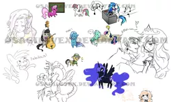 Size: 4000x2400 | Tagged: safe, artist:usagilovex, derpibooru import, blossomforth, bon bon, cheerilee, daring do, discord, fluttershy, lyra heartstrings, nightmare moon, octavia melody, princess celestia, sweetie drops, trixie, vinyl scratch, human, blush sticker, blushing, cello, chalkboard, chibi, dislestia, female, humanized, male, musical instrument, shipping, sitting lyra, straight, turntable