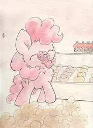 Size: 976x1331 | Tagged: safe, artist:slightlyshade, derpibooru import, pinkie pie, cute, diapinkes, donut, solo, tongue out, traditional art