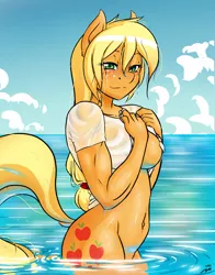 Size: 1493x1900 | Tagged: anthro, applejack, artist:the-unicorn-lord, belly button, breasts, busty applejack, derpibooru import, female, muscles, soaked, solo, solo female, strategically covered, stripping, stupid sexy applejack, suggestive, wet, wet hair, wet mane, wet shirt, wet t-shirt