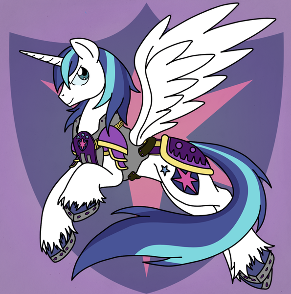 Size: 724x730 | Tagged: safe, artist:anime-apothecary, artist:dfectivedvice, derpibooru import, shining armor, alicorn, pony, abstract background, alicornified, armor, colored, colored hooves, cutie mark background, horseshoes, male, male alicorn, prince shining armor, race swap, solo, stallicorn, stallion, unshorn fetlocks