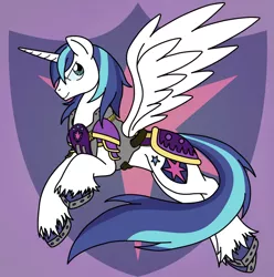 Size: 724x730 | Tagged: safe, artist:anime-apothecary, artist:dfectivedvice, derpibooru import, shining armor, alicorn, pony, abstract background, alicornified, armor, colored, colored hooves, cutie mark background, horseshoes, male, male alicorn, prince shining armor, race swap, solo, stallicorn, stallion, unshorn fetlocks