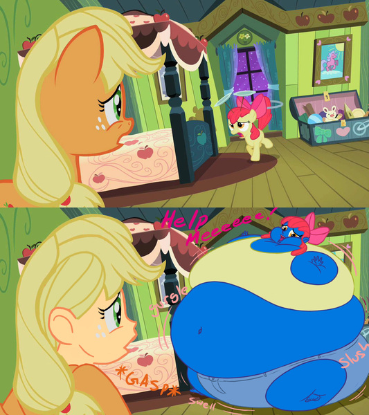 Size: 1280x1440 | Tagged: alternate scene interpretation, apple blooberry, apple bloom, applejack, artist:shydude, blueberry, blueberry inflation, duo, human, humanized, inflation, loop-de-hoop, plate spinning, safe, screencap, the cutie pox, willy wonka