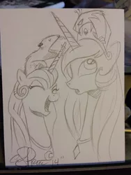 Size: 768x1024 | Tagged: artist:andypriceart, derpibooru import, lineart, monochrome, philomena, princess celestia, princess luna, safe, tiberius, traditional art