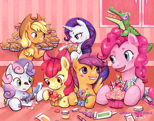 Size: 500x393 | Tagged: apple bloom, applejack, artist:whinges, cutie mark crusaders, derpibooru import, gummy, pinkie pie, rarity, safe, scootaloo, sweetie belle