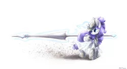 Size: 1650x900 | Tagged: armor, artist:mlpanon, dead source, derpibooru import, fantasy class, knight, lance, levitation, magic, rarity, safe, simple background, solo, spear, warrior, weapon, white background