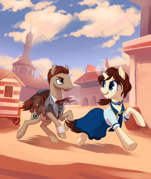 Size: 1280x1513 | Tagged: safe, artist:purmu, derpibooru import, ponified, pony, unicorn, bandage, bioshock, bioshock infinite, booker dewitt, clothes, dress, elizabeth, female, magic, mare, running, songbird, thimble