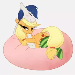 Size: 1042x1040 | Tagged: suggestive, artist:prettypinkpony, derpibooru import, applejack, oc, oc:constance everheart, :p, bean bag chair, bedroom eyes, blushing, canon x oc, clothes, everjack, eyelashes, eyes closed, hug, shipping, side, smiling, socks, striped socks, tongue out