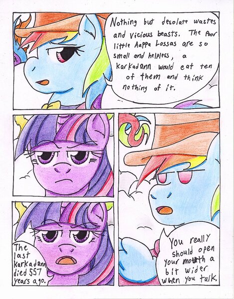 Size: 791x1011 | Tagged: safe, artist:the1king, derpibooru import, rainbow dash, twilight sparkle, twilight sparkle (alicorn), alicorn, pony, comic:fluttershy and the rainbow factory, fanfic:rainbow factory, comic, female, mare, parody, traditional art, willy wonka and the chocolate factory