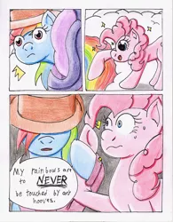 Size: 790x1011 | Tagged: safe, artist:the1king, derpibooru import, pinkie pie, rainbow dash, twilight sparkle, twilight sparkle (alicorn), alicorn, pony, comic:fluttershy and the rainbow factory, fanfic:rainbow factory, comic, female, mare, parody, traditional art, willy wonka and the chocolate factory