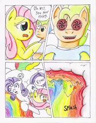 Size: 790x1011 | Tagged: artist:the1king, comic, comic:fluttershy and the rainbow factory, dem eyes, derpibooru import, fanfic:rainbow factory, fluttershy, oompa loompa, parody, rarity, safe, traditional art, willy wonka and the chocolate factory