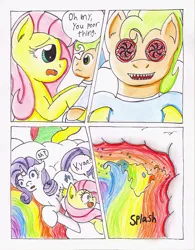 Size: 790x1011 | Tagged: safe, artist:the1king, derpibooru import, fluttershy, rarity, comic:fluttershy and the rainbow factory, fanfic:rainbow factory, comic, dem eyes, image, jpeg, oompa loompa, parody, scared, traditional art, willy wonka and the chocolate factory