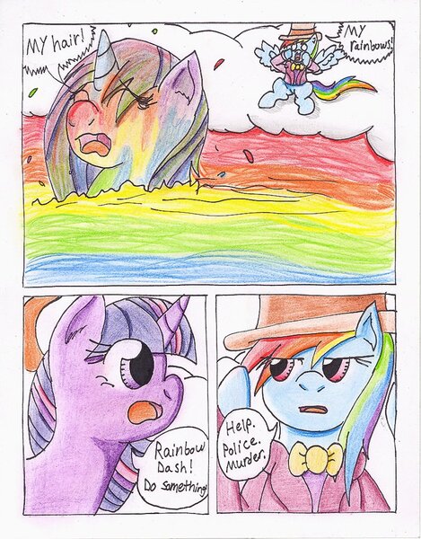 Size: 790x1011 | Tagged: safe, artist:the1king, derpibooru import, rainbow dash, rarity, twilight sparkle, twilight sparkle (alicorn), alicorn, pony, comic:fluttershy and the rainbow factory, fanfic:rainbow factory, comic, female, mare, parody, traditional art, wet, wet mane, wet mane rarity, willy wonka and the chocolate factory