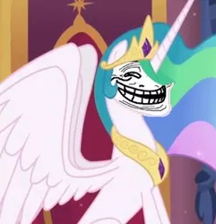 Size: 300x311 | Tagged: source needed, useless source url, safe, derpibooru import, edit, edited screencap, screencap, princess celestia, alicorn, pony, female, mare, solo, trollestia, trollface