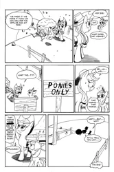 Size: 3296x4952 | Tagged: safe, artist:leon-z, derpibooru import, apple bloom, applejack, earth pony, pony, apple, black and white, bow, cart, censored, comic, confused, cowboy hat, duo, female, glare, grayscale, hair bow, hat, lineart, mare, monochrome, nervous, open mouth, pronking, question mark, racism, siblings, sisters, smiling, sweat, wide eyes