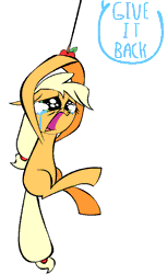 Size: 550x900 | Tagged: safe, artist:mushroomcookiebear, derpibooru import, applejack, earth pony, pony, animated, apple, appul, blank flank, crying, floppy ears, hanging, hoof hold, open mouth, sad, silly, silly pony, simple background, solo, string, that pony sure does love apples, who's a silly pony