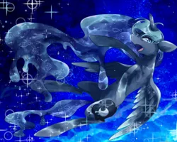 Size: 750x600 | Tagged: alicorn, artist:kemonomo, bubble, derpibooru import, ethereal mane, eyelashes, female, fish, horn, night, ocean, open mouth, pixiv, princess luna, safe, sky, solo, sparkles, spread wings, stars, underwater, water, wings