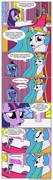 Size: 800x2726 | Tagged: artist:teygrim, comic, dark comedy, derpibooru import, dialogue, forgiveness, implied arson, implied murder, princess celestia, princess luna, s1 luna, semi-grimdark, throne, trollestia, twilight sparkle, tyrant luna