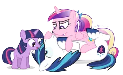 Size: 1110x675 | Tagged: annoyed, artist:dm29, bedroom eyes, cuddling, derpibooru import, female, filly, male, princess cadance, safe, shining armor, shiningcadance, shipping, simple background, smiling, snuggling, straight, tackle, transparent background, trio, twilight sparkle