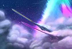 Size: 1580x1068 | Tagged: safe, derpibooru import, rainbow dash, twilight sparkle, twilight sparkle (alicorn), alicorn, pony, cloud, cloudy, duo, epic, female, flying, mare, night, shooting star, shooting stars, sky, sonic rainboom, sonic xboom, speed trail, trail, woah