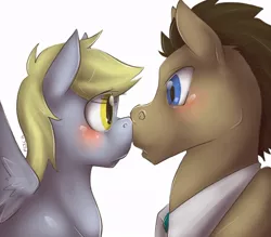 Size: 900x787 | Tagged: safe, artist:cnat, derpibooru import, derpy hooves, doctor whooves, time turner, pegasus, pony, blushing, boop, doctorderpy, eye contact, female, frown, male, mare, noseboop, shipping, spread wings, straight, surprised, wide eyes