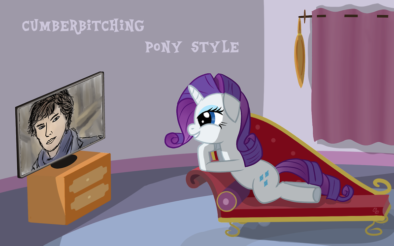 Size: 1280x800 | Tagged: safe, derpibooru import, rarity, human, pony, unicorn, benedict cumberbatch, fainting couch, female, mare, sherlock, solo, television