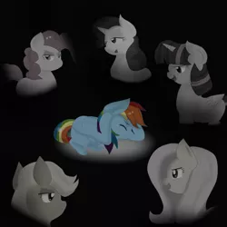 Size: 894x894 | Tagged: grimdark, artist:stockingstreams, derpibooru import, applejack, fluttershy, pinkie pie, rainbow dash, rarity, twilight sparkle, twilight sparkle (alicorn), alicorn, pony, crying, dashabuse, female, grayscale, laughing, mane six, mare, monochrome, sad, simple background