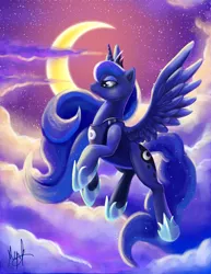 Size: 2550x3300 | Tagged: absurd resolution, alicorn, artist:millyd13, cloud, cloudy, crown, derpibooru import, ethereal mane, eyelashes, female, flying, hoof shoes, horn, jewelry, moon, night, princess luna, regalia, safe, signature, solo, spread wings, wings