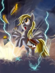 Size: 778x1027 | Tagged: safe, artist:semajz, derpibooru import, derpy hooves, pegasus, pony, epic derpy, female, fire, letter, lightning, mail, mailbag, mare, solo, this will end in tears, thunderstorm