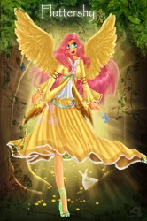 Size: 2866x4324 | Tagged: safe, artist:zaameen, derpibooru import, fluttershy, butterfly, human, clothes, ear piercing, earring, humanized, jewelry, legs, long skirt, looking at you, piercing, shoes, skirt, smiling, solo, winged humanization