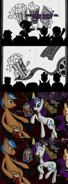 Size: 2434x6580 | Tagged: safe, artist:evilscribbles, derpibooru import, derpy hooves, doctor whooves, rarity, time turner, oc, pegasus, pony, ask pun, ask, cinema, comic, female, magic, mare, popcorn, soda, telekinesis, tumblr