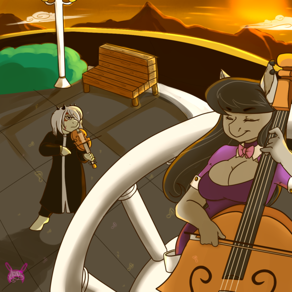 Size: 1250x1250 | Tagged: anthro, artist:arnachy, balcony, breasts, busty octavia, cello, cleavage, clothes, derpibooru import, eyes closed, female, musical instrument, oc, octavia melody, outdoors, suggestive, sunset, violin