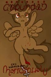 Size: 750x1125 | Tagged: grimdark, artist:vodkaroo, derpibooru import, oc, oc:willy nilly, unofficial characters only, pegasus, pony, ambigram, armpits, blood, chains, cover art, dock, dripping, floppy ears, freckles, grounded, hanging, male, scar, solo, spread wings, the hanged man, underhoof, upside down