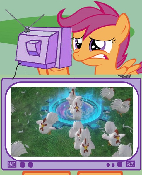 Size: 877x1085 | Tagged: chicken, cucco, derpibooru import, exploitable meme, hyrule warriors, meme, obligatory pony, safe, scootachicken, scootaloo, the legend of zelda, tv meme