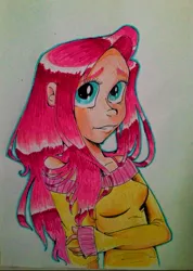 Size: 373x523 | Tagged: artist:boatsandbirds6457, clothes, derpibooru import, fluttershy, human, humanized, off shoulder, off shoulder sweater, safe, solo, sweater, sweatershy, traditional art