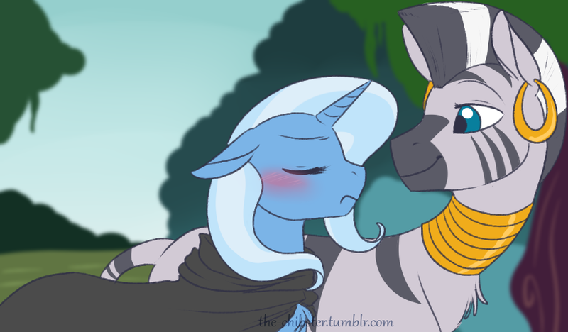 Size: 920x538 | Tagged: artist:the-chibster, blushing, cloak, clothes, cute, eyes closed, female, floppy ears, frown, lesbian, looking back, safe, shipping, smiling, trixie, trixora, zebra, zecora